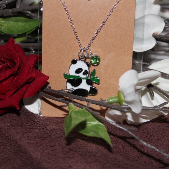 Hungry Panda with Colored Rhinestone Silver Dainty Necklace - Picture 3 of 6